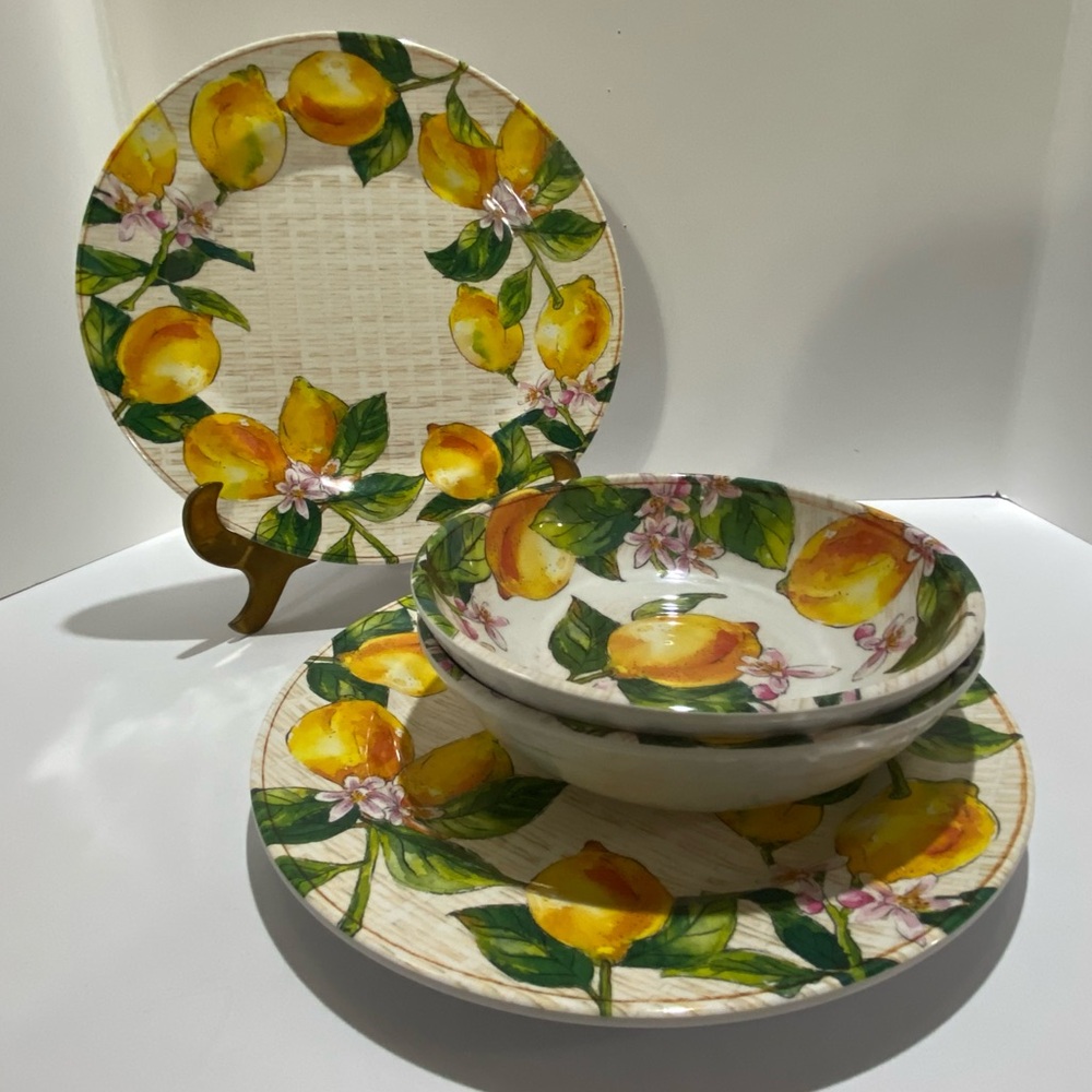 Palm Melamine Dinnerware Set 2 Plates & Bowls Lemon Blossom Floral Mediterranean